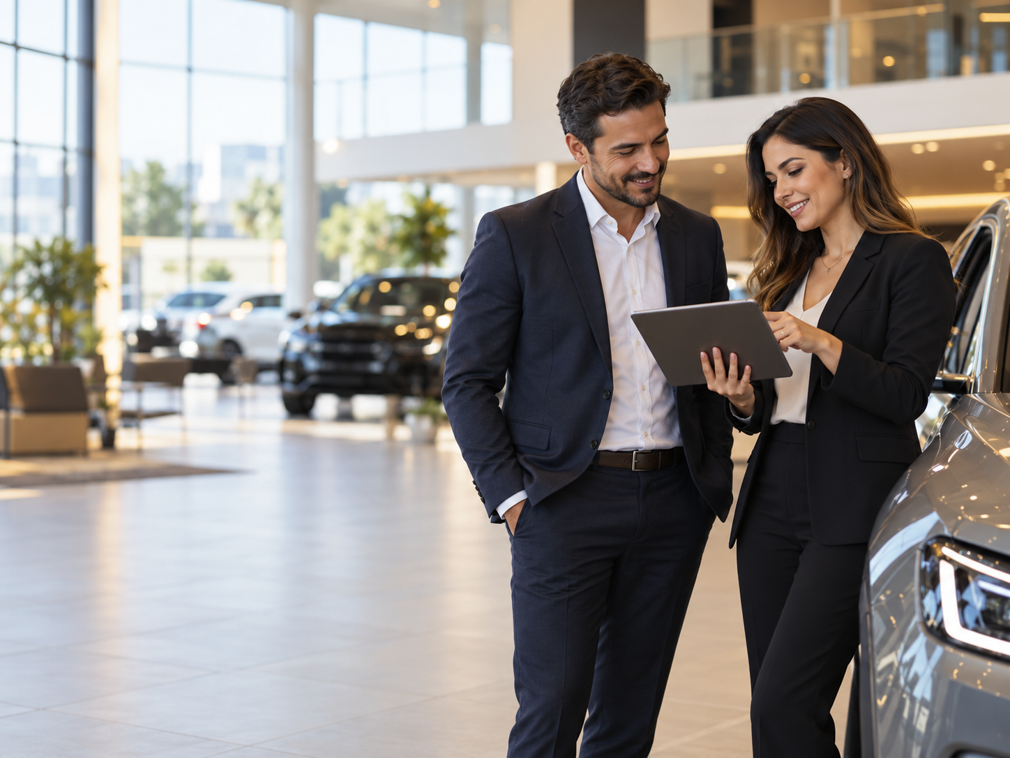Especialistas analisando a estratégia de uma concessionária no showroom